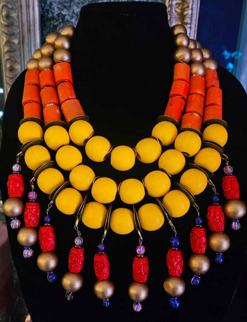 Oversized Exotic OOAK Beaded Chest Piece for Women, Haute Couture Summer Multi Strand Neck Candy, Orange Yellow Red & Gold High End Statement Necklace