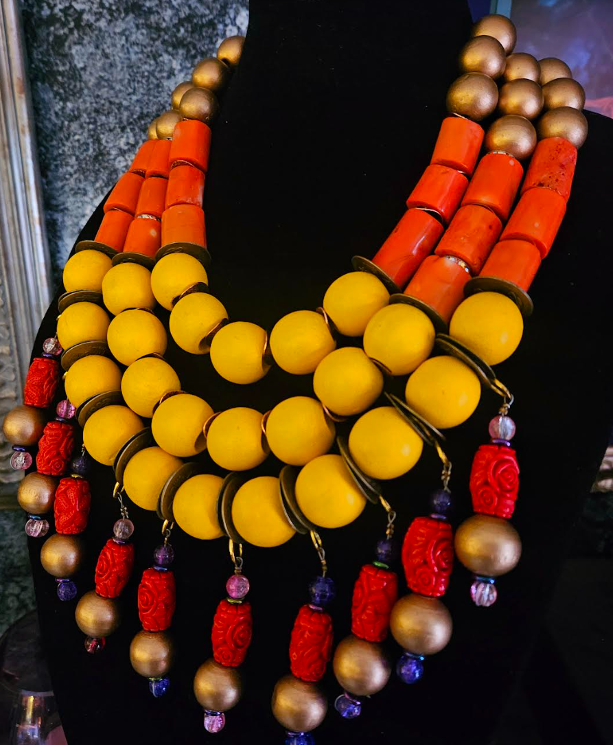 Oversized Exotic OOAK Beaded Chest Piece for Women, Haute Couture Summer Multi Strand Neck Candy, Orange Yellow Red & Gold High End Statement Necklace