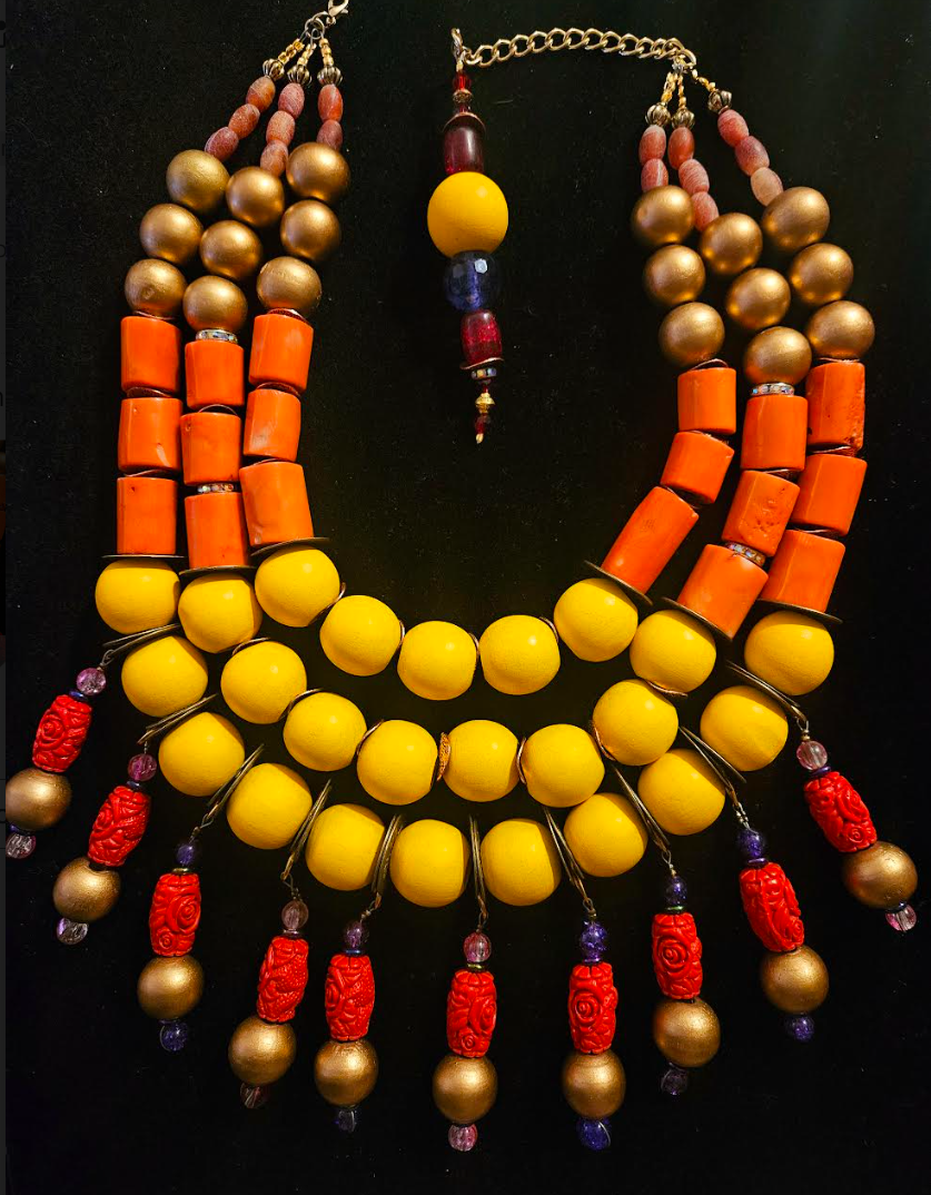 Oversized Exotic OOAK Beaded Chest Piece for Women, Haute Couture Summer Multi Strand Neck Candy, Orange Yellow Red & Gold High End Statement Necklace