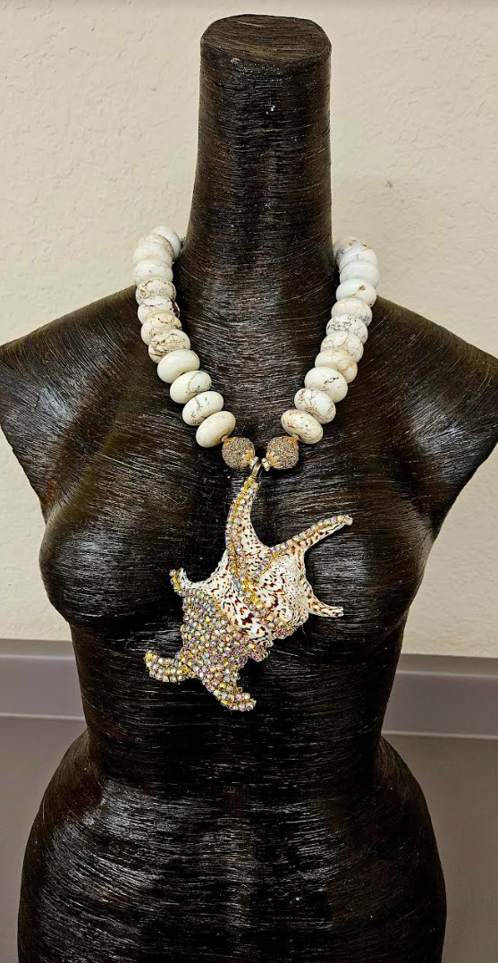 Gold Rhinestone Bejeweled Exotic Shell Pendant with Magnesite Rondelle Necklace, Luxury Summer Chest Piece, Bold Chunky Off White Beaded Neck Candy