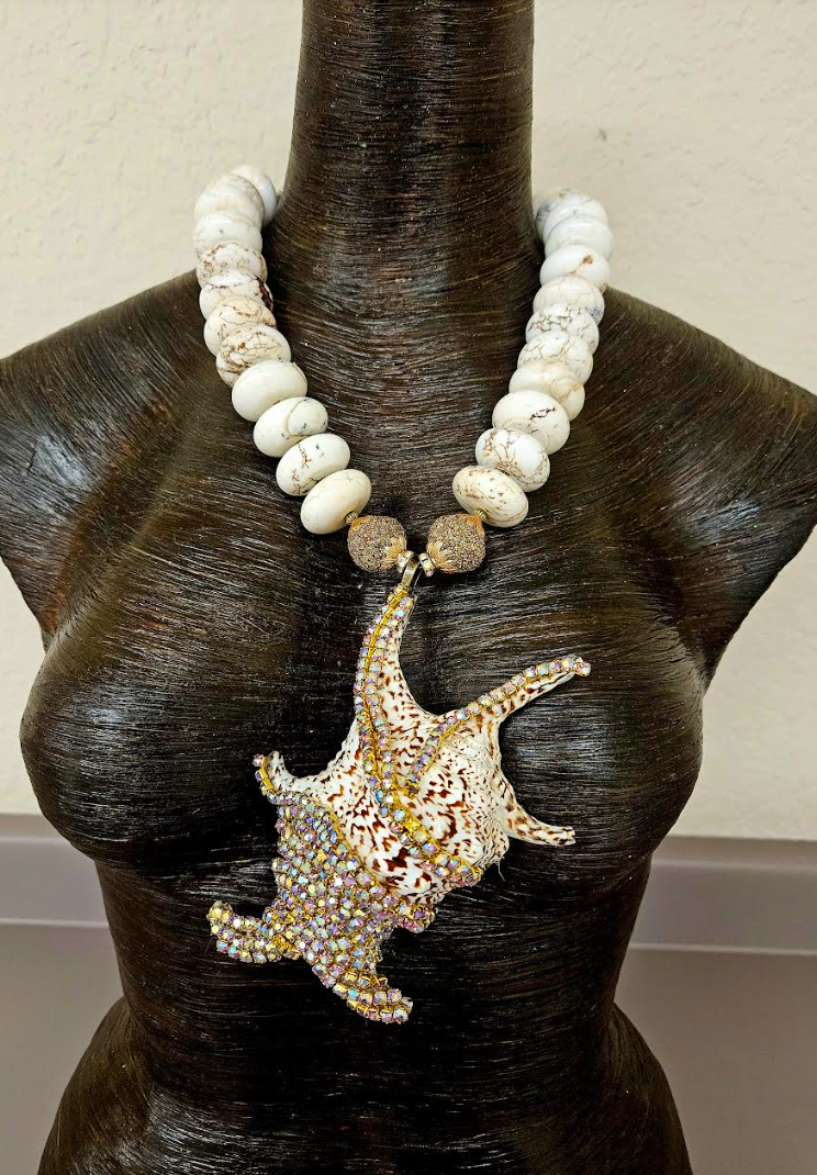 Gold Rhinestone Bejeweled Exotic Shell Pendant with Magnesite Rondelle Necklace, Luxury Summer Chest Piece, Bold Chunky Off White Beaded Neck Candy