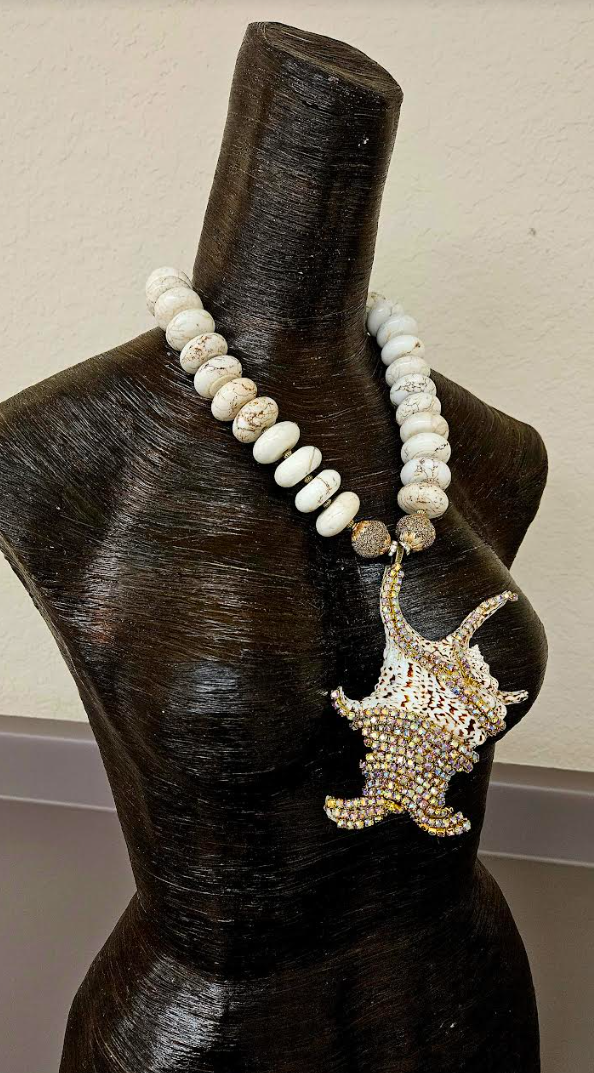 Gold Rhinestone Bejeweled Exotic Shell Pendant with Magnesite Rondelle Necklace, Luxury Summer Chest Piece, Bold Chunky Off White Beaded Neck Candy