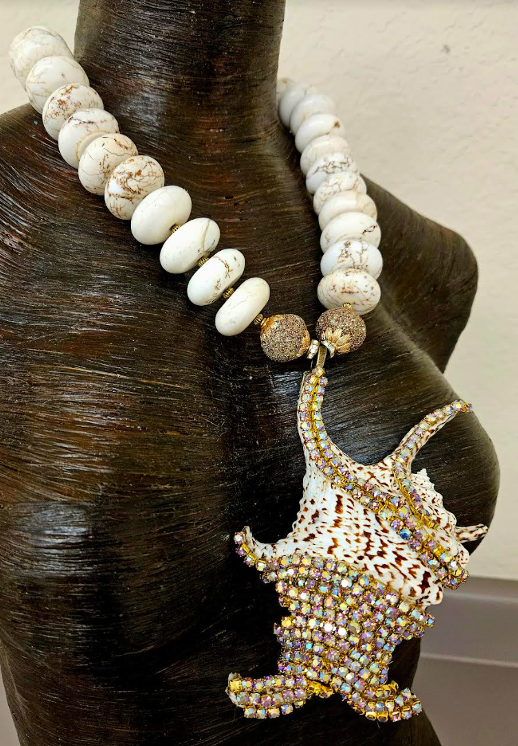 Gold Rhinestone Bejeweled Exotic Shell Pendant with Magnesite Rondelle Necklace, Luxury Summer Chest Piece, Bold Chunky Off White Beaded Neck Candy