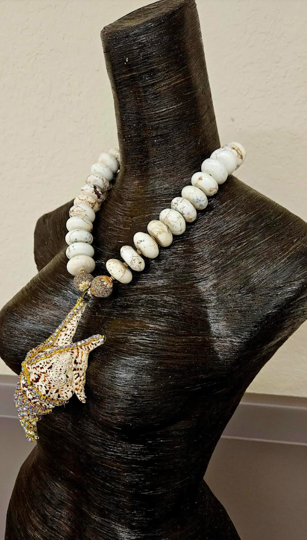 Gold Rhinestone Bejeweled Exotic Shell Pendant with Magnesite Rondelle Necklace, Luxury Summer Chest Piece, Bold Chunky Off White Beaded Neck Candy