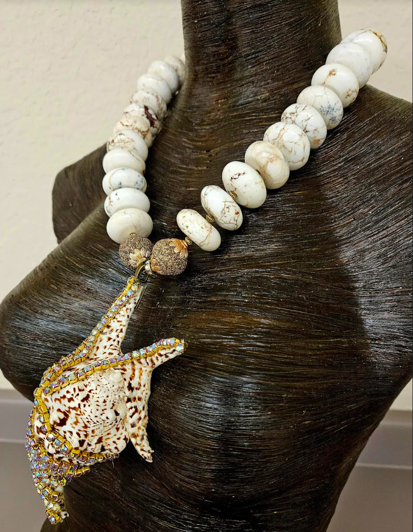 Gold Rhinestone Bejeweled Exotic Shell Pendant with Magnesite Rondelle Necklace, Luxury Summer Chest Piece, Bold Chunky Off White Beaded Neck Candy