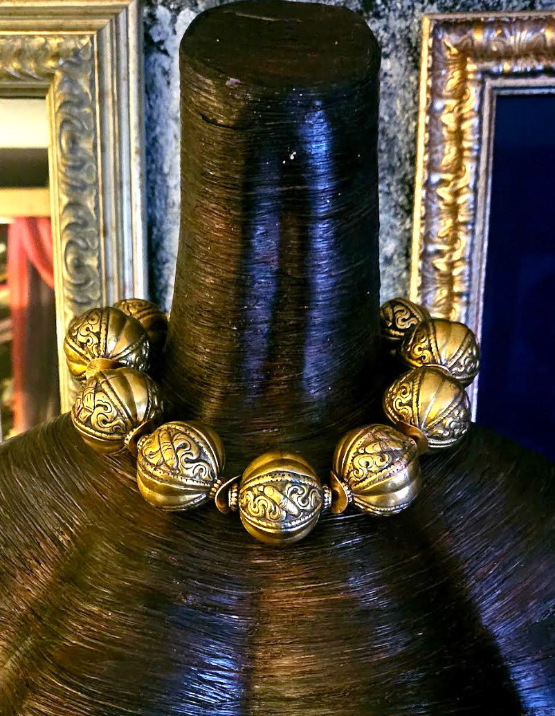 Huge Tibetan Brass Repousse Beaded Tribal Statement Choker, High End Oversized Bronze Beaded Neck Candy, Iris Apfel Look Book