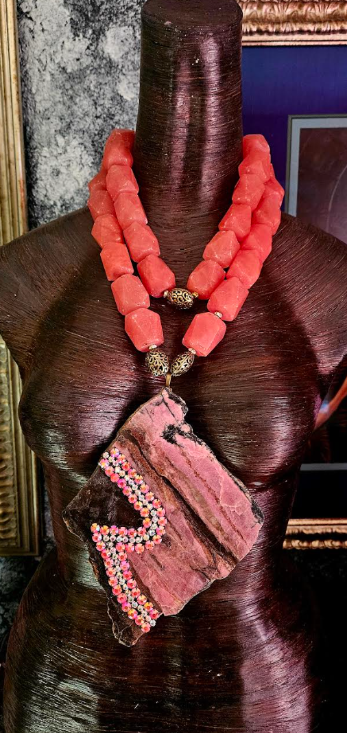 Rhodonite Slab Statement Pendant with Bold Oversized Strawberry Quartz Necklace, Avant Garde Pink Gemstone Chest Piece, Bold Chunky & Heavy Artist Neck Candy