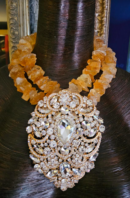 Raw & Rough Citrine Choker With Massive Rhinestone Pendant, Showstopper Gemstone and Diamante Jewel Statement Necklace, Runway Ready Jewelry