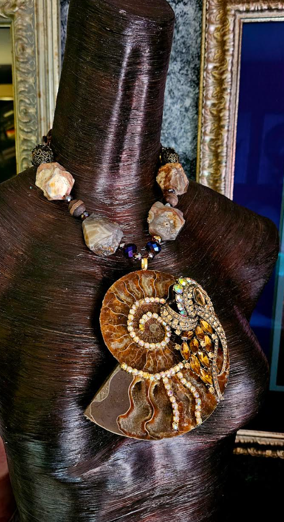 Topaz Rhinestone Ammonite Pendant With Rough Agate Necklace, Earth Tone Fossil Chest Piece, Luxury Neck Candy
