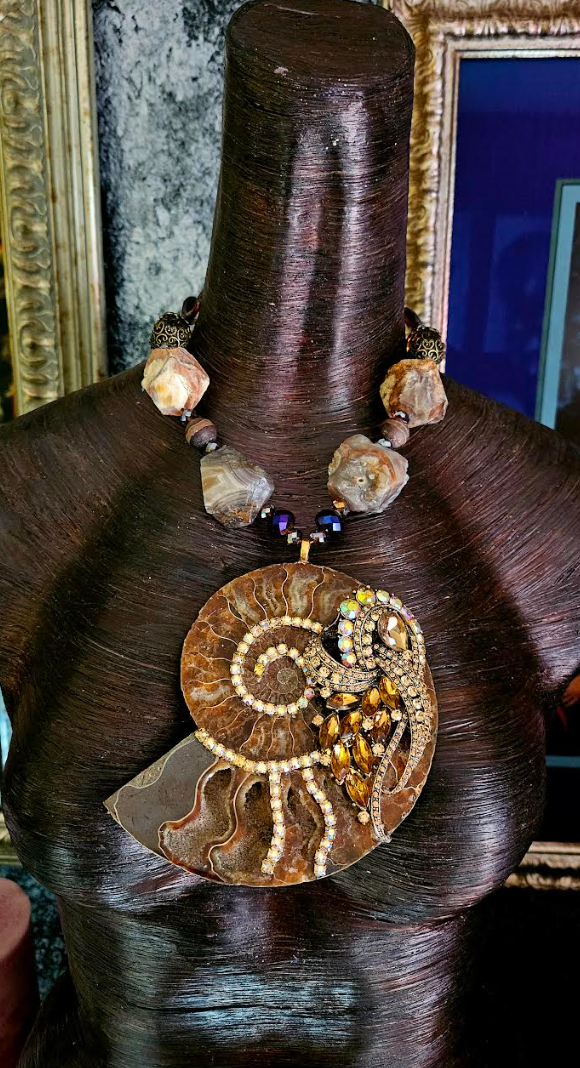 Topaz Rhinestone Ammonite Pendant With Rough Agate Necklace, Earth Tone Fossil Chest Piece, Luxury Neck Candy