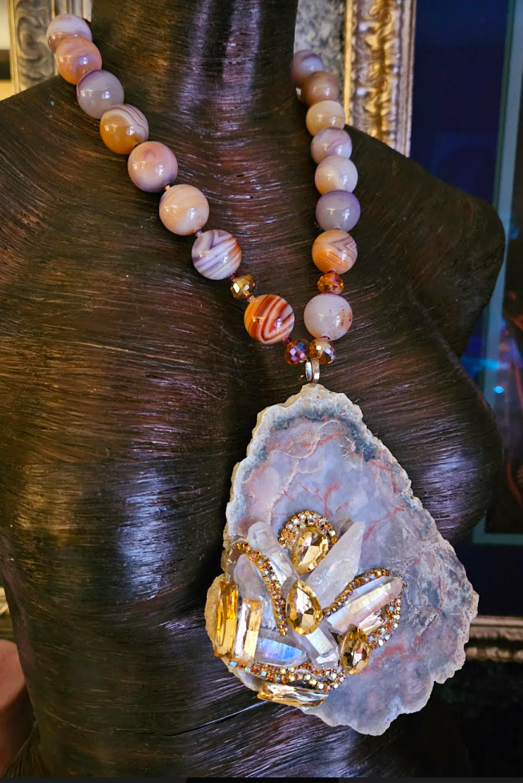 Bejeweled Jasper Slab Pendant & Polished Agate Pendant -  Earthy Gemstone Chest Piece - Autumn Wardrobe Accessory - Kat Kouture Jewelry