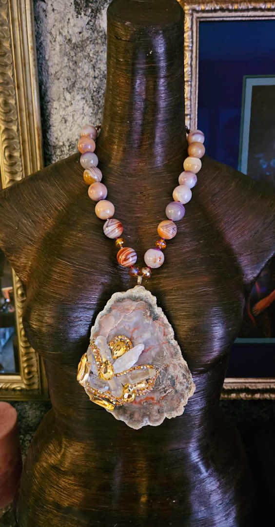 Bejeweled Jasper Slab Pendant & Polished Agate Pendant -  Earthy Gemstone Chest Piece - Autumn Wardrobe Accessory - Kat Kouture Jewelry