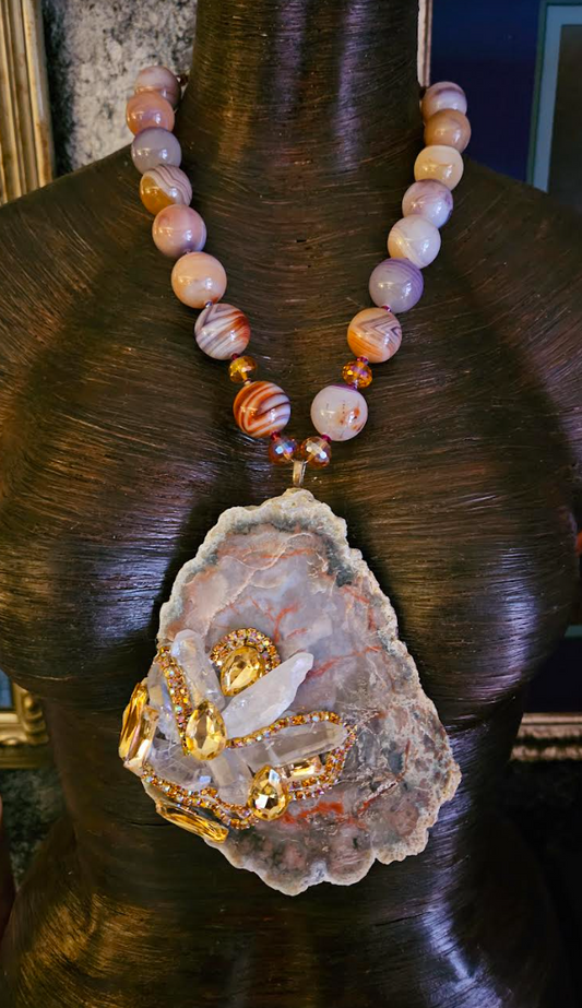 Bejeweled Jasper Slab Pendant & Polished Agate Pendant -  Earthy Gemstone Chest Piece - Autumn Wardrobe Accessory - Kat Kouture Jewelry