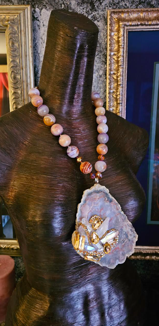 Bejeweled Jasper Slab Pendant & Polished Agate Pendant -  Earthy Gemstone Chest Piece - Autumn Wardrobe Accessory - Kat Kouture Jewelry