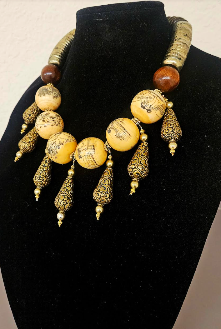 Earth Tone Erotic Kama Sutra Faux Scrimshaw Beaded Tribal Necklace, Ethnic Sanskrit Beaded Luxury Neck Candy, Bold Chunky Dramatic Neck Piece