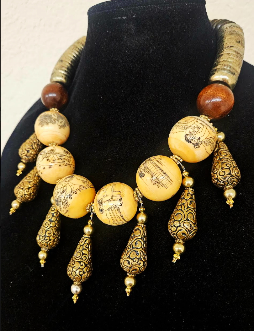 Earth Tone Erotic Kama Sutra Faux Scrimshaw Beaded Tribal Necklace, Ethnic Sanskrit Beaded Luxury Neck Candy, Bold Chunky Dramatic Neck Piece