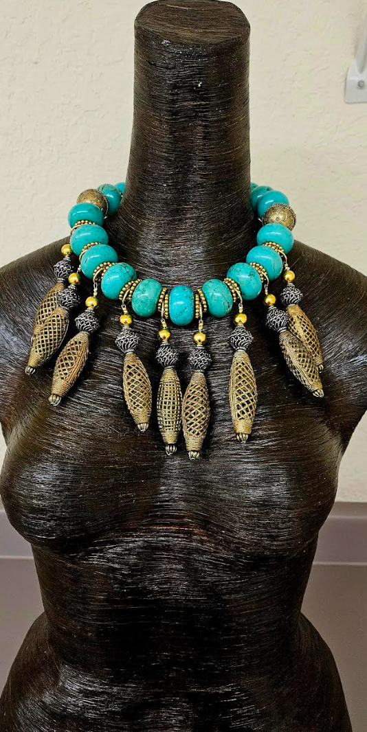 Bold Dramatic Magnesite Rondelle & Lost Wax Brass Dangle Statement Necklace, OOAK Haute Couture Neck Candy, African Russian Inspired Beaded Choker