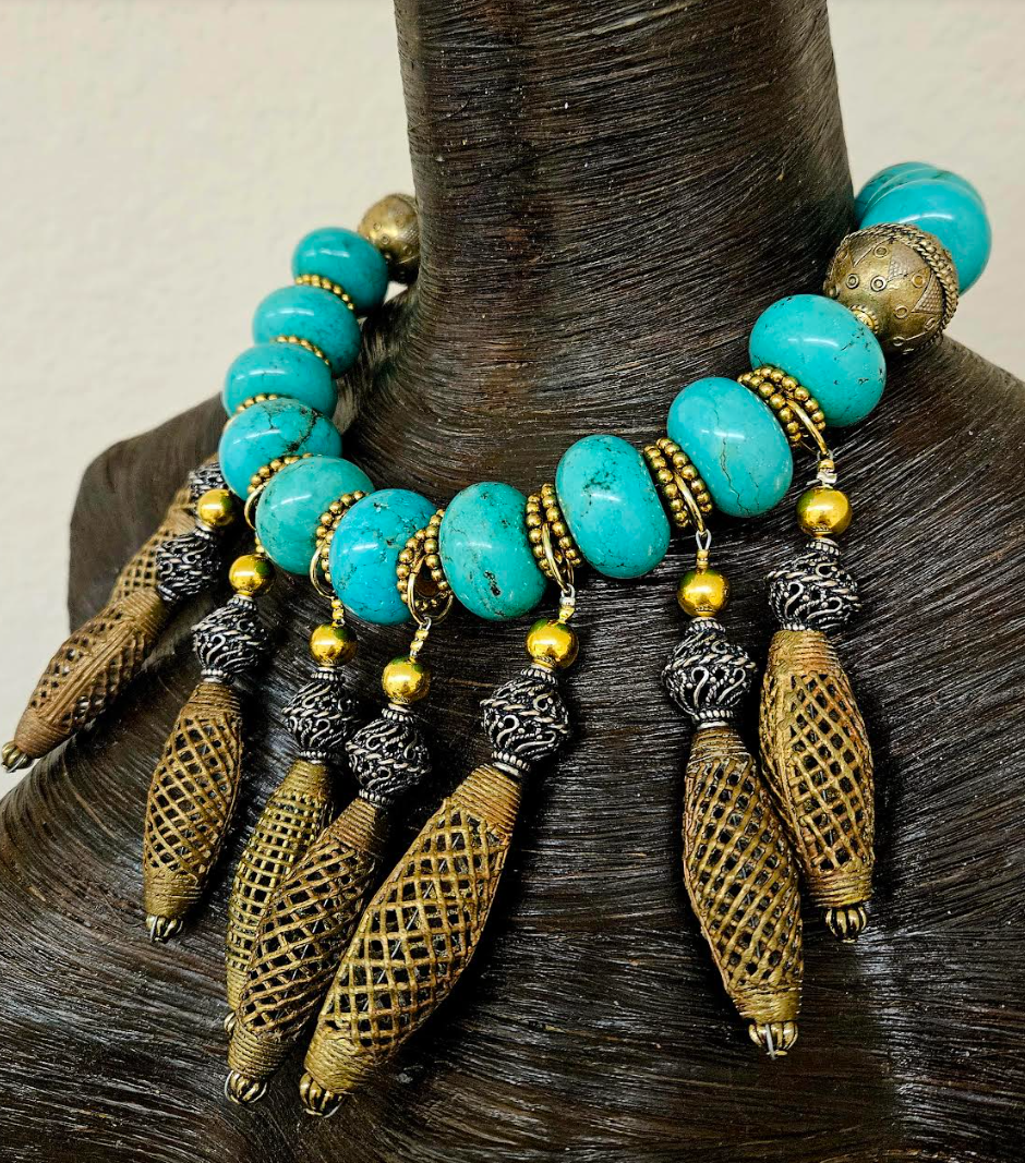Bold Dramatic Magnesite Rondelle & Lost Wax Brass Dangle Statement Necklace, OOAK Haute Couture Neck Candy, African Russian Inspired Beaded Choker
