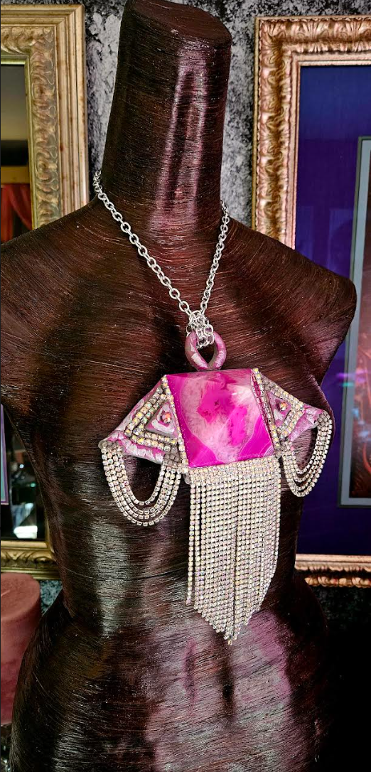 Fuchsia Agate Pyramid & Rhinestone Fringe Art Deco Pendant - Avant Garde Crystal Bling Amulet - Kat Kouture Jewelry