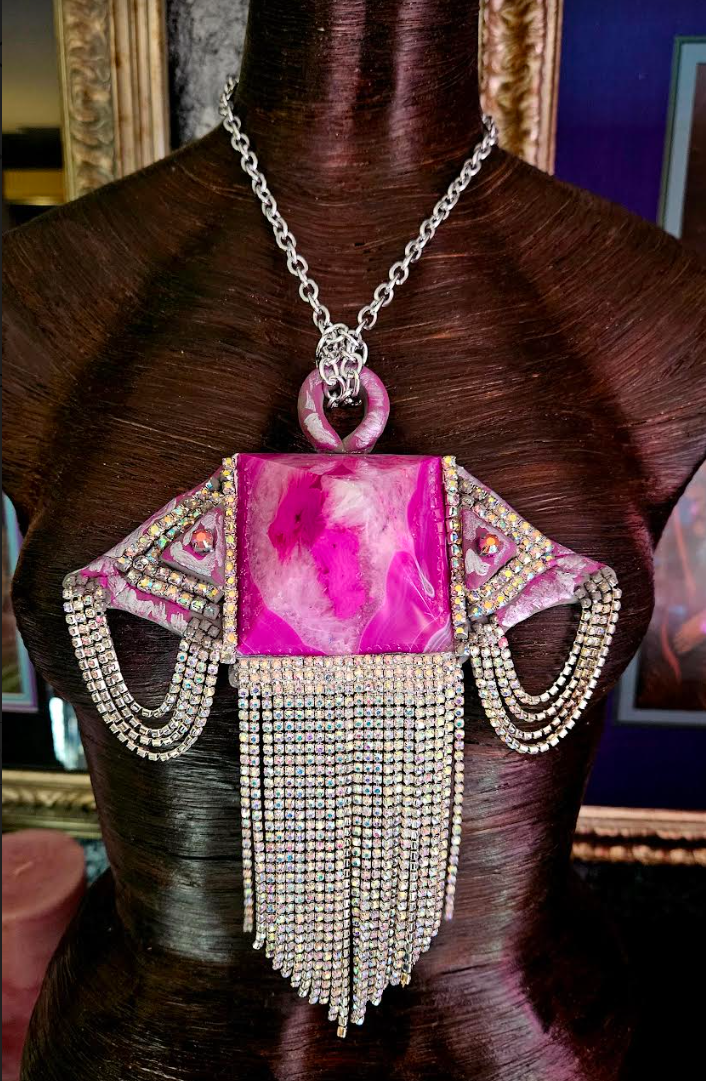 Fuchsia Agate Pyramid & Rhinestone Fringe Art Deco Pendant - Avant Garde Crystal Bling Amulet - Kat Kouture Jewelry