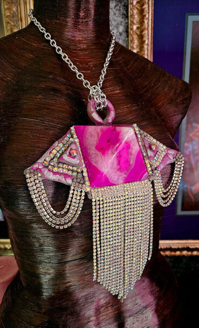 Fuchsia Agate Pyramid & Rhinestone Fringe Art Deco Pendant - Avant Garde Crystal Bling Amulet - Kat Kouture Jewelry