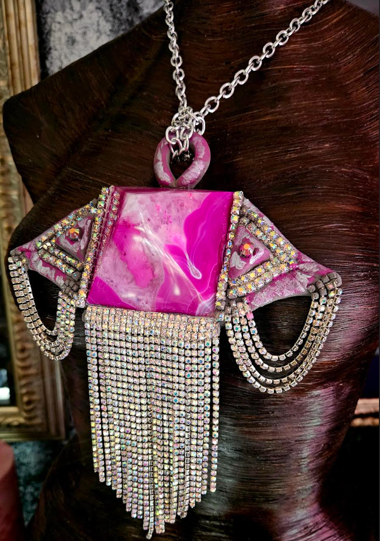 Fuchsia Agate Pyramid & Rhinestone Fringe Art Deco Pendant - Avant Garde Crystal Bling Amulet - Kat Kouture Jewelry