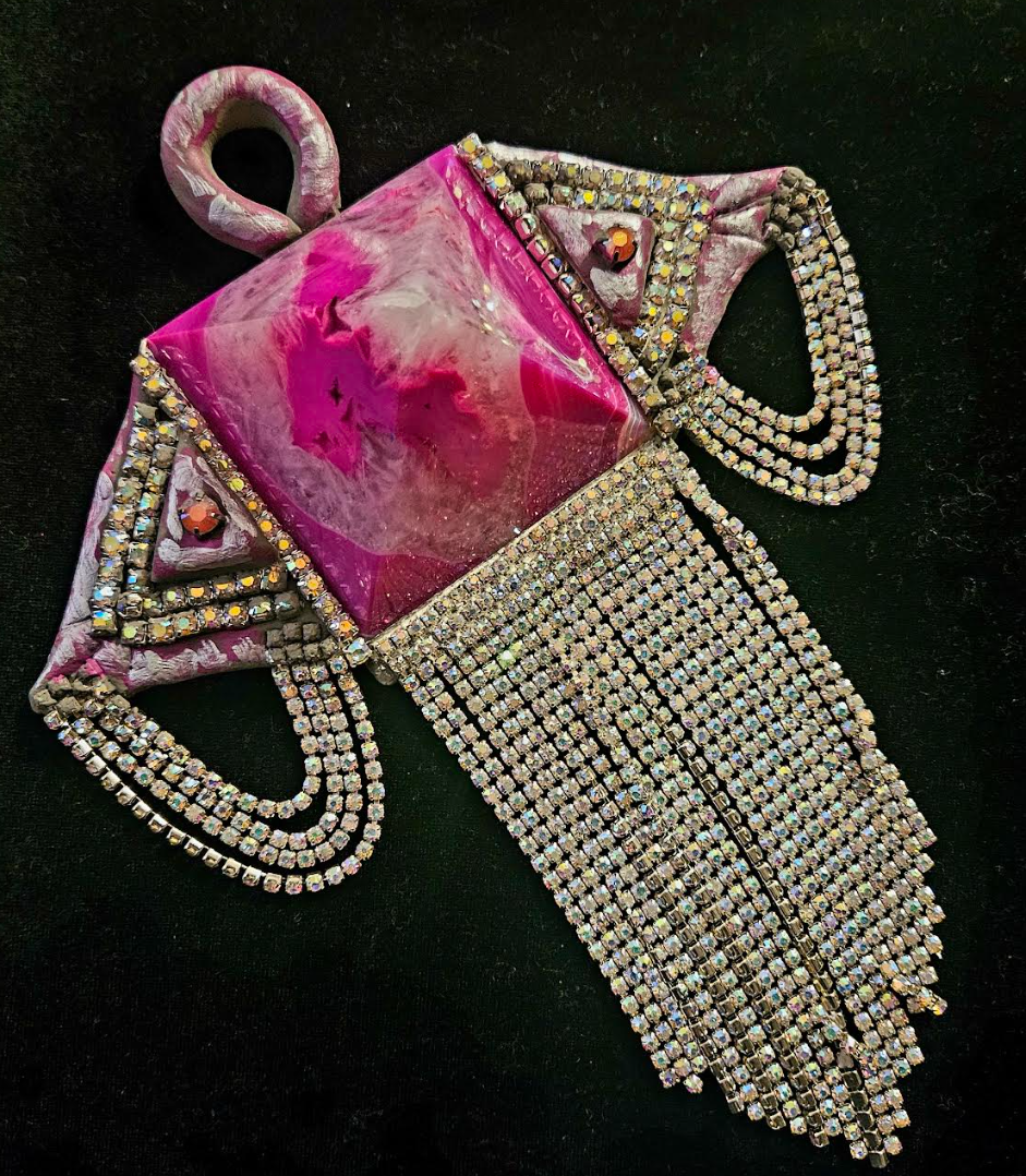 Fuchsia Agate Pyramid & Rhinestone Fringe Art Deco Pendant - Avant Garde Crystal Bling Amulet - Kat Kouture Jewelry