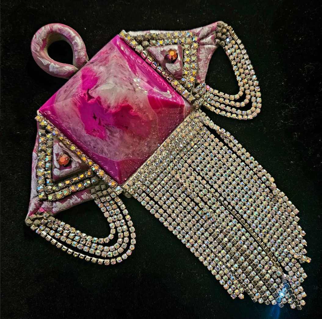 Fuchsia Agate Pyramid & Rhinestone Fringe Art Deco Pendant - Avant Garde Crystal Bling Amulet - Kat Kouture Jewelry