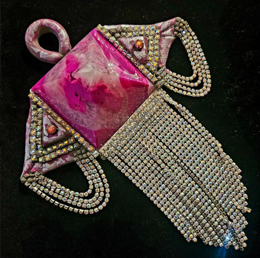 Fuchsia Agate Pyramid & Rhinestone Fringe - Art Deco Gemstone Pendant