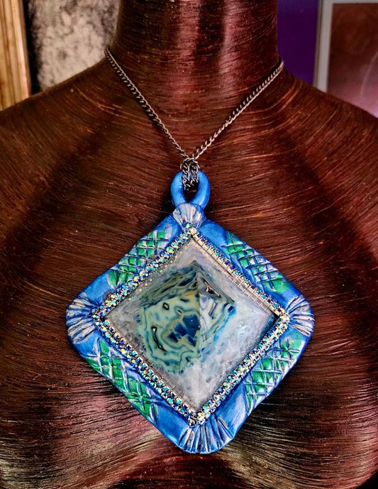 Blue Druzy Agate Sculpted Pyramid Statement Pendant, Unisex Blue Green White Gemstone Amulet, Pagan Jewelry