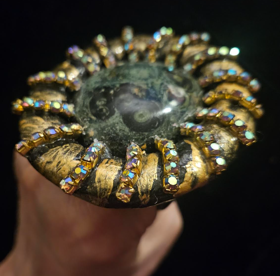 Kambaba Jasper & Rhinestone Sculpted Dome Ring, Crocodile Eye Two Finger Statement Ring 8-9, Exotic OOAK Wearable Art Fashion Ring