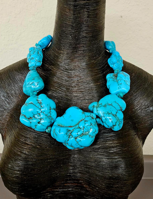 Unique Magnesite Boulder Stone Statement Necklace - Faux Turquoise Couture Neckpiece, Bold & Oversized, Inspired by Iris Apfel