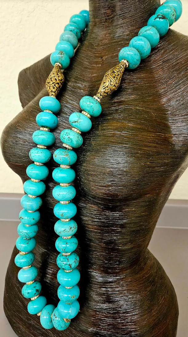 Blue-Green Magnesite Rondelle Rhinestone & Tibetan Brass Respousse Rope Necklace, Modern Flapper Opera Length Gemstone Necklace, Kat Kouture Jewelry Designs