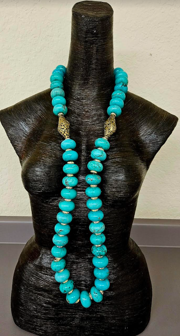 Blue-Green Magnesite Rondelle Rhinestone & Tibetan Brass Respousse Rope Necklace, Modern Flapper Opera Length Gemstone Necklace, Kat Kouture Jewelry Designs