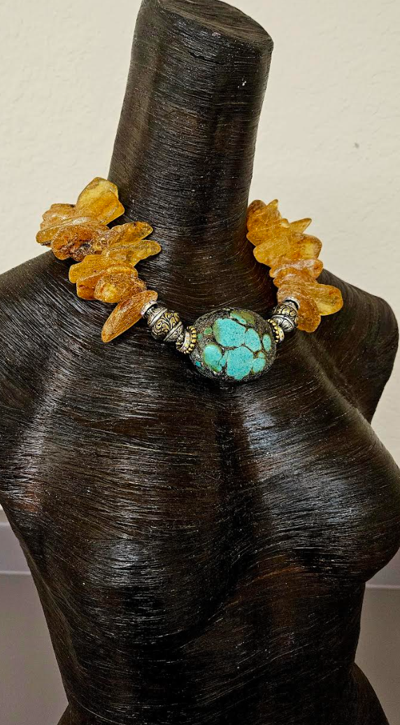 Hubei Turquoise & Mexican Amber Luxury Statement Necklace, Haute Couture Gemstone Neck Candy, Iris Apfel Inspired Choker