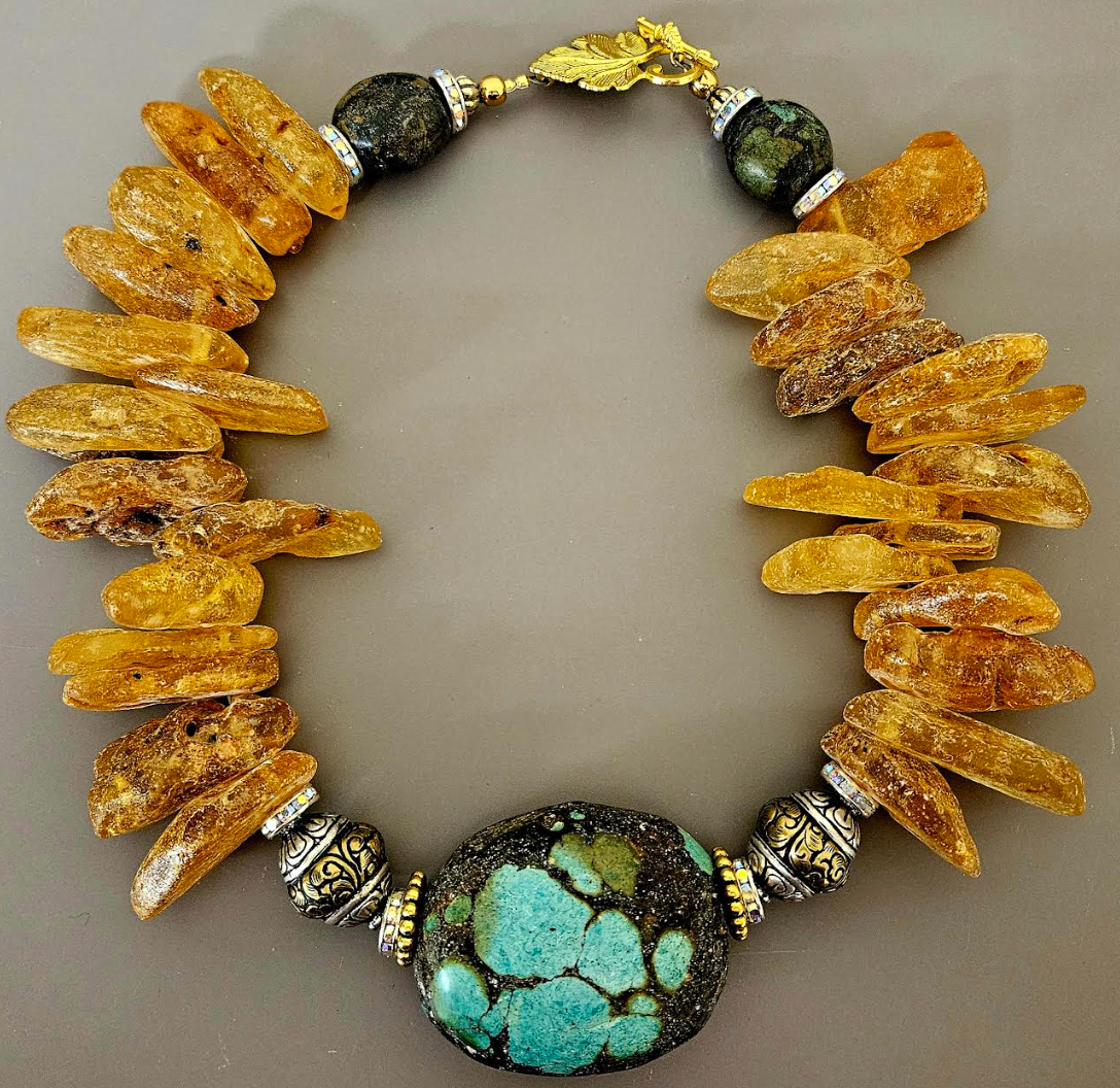 Hubei Turquoise & Mexican Amber Luxury Statement Necklace, Haute Couture Gemstone Neck Candy, Iris Apfel Inspired Choker