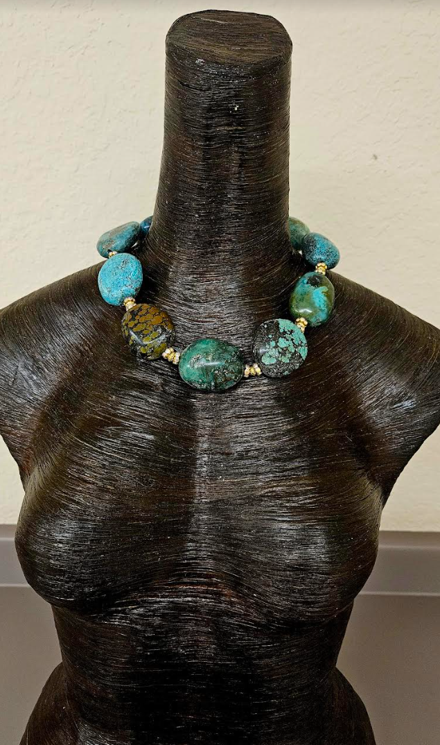 Huge Hubei Turquoise & Rhinestone Rondelle High End Statement Necklace, Cowgirl Couture Gemstone Neck Candy, Unisex Styled Turquoise Neck Piece