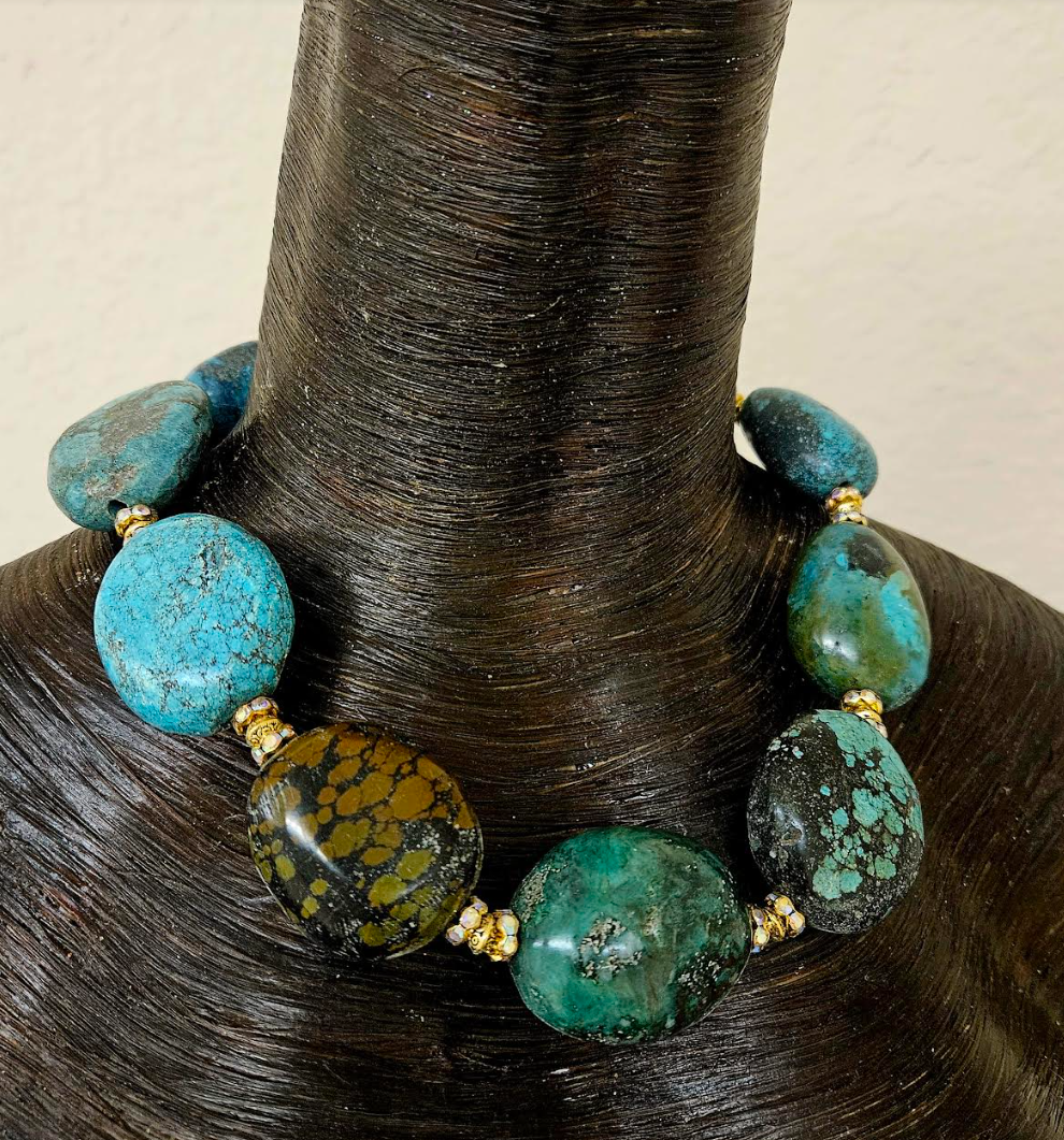 Huge Hubei Turquoise & Rhinestone Rondelle High End Statement Necklace, Cowgirl Couture Gemstone Neck Candy, Unisex Styled Turquoise Neck Piece