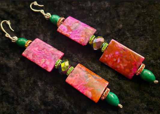 Pink & Green Gemstone Shoulder Duster Pierced Earrings, XL Crazy Lace and Agate Jade Dangle Earrings