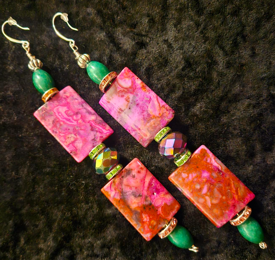 Pink & Green Gemstone Shoulder Duster Pierced Earrings, XL Crazy Lace and Agate Jade Dangle Earrings