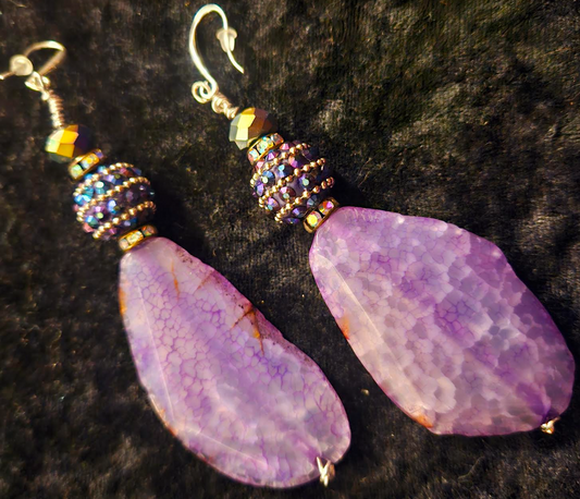 Purple Agate & Crystal Dangle Pierced Earrings, Lavender Dragon's Agate Gemstone Shoulder Dusters