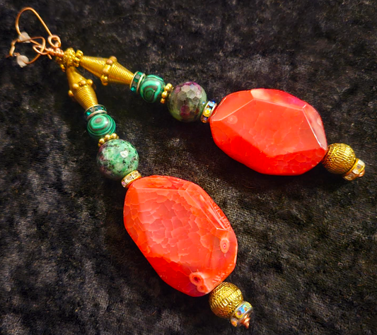 Salmon Colored Agate & Mixed Gemstone Shoulder Duster Pierced Earrings, Extra Long Dangle Ear Candy