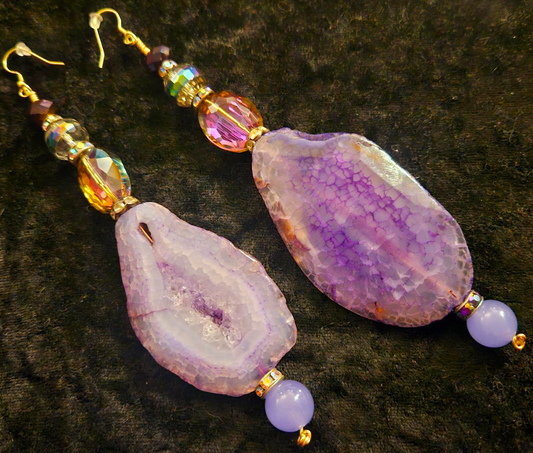 Dragon's Vein Lavender Agate & Crystal Dangle Pierced Earrings, Purple Gemstone Shoulder Duster Earrings, Kat Kouture Ear Candy