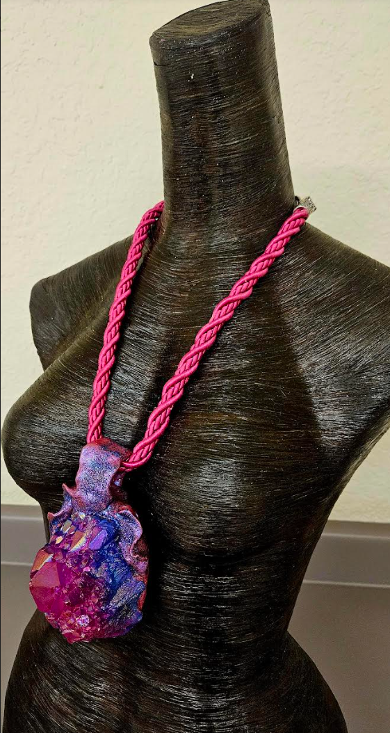 Pink Purple Blue Record Keeper Quartz Sculpted Pendant With Silk Cord, Rough Gemmy Crystal Gemstone Talisman for Women, Feminine Boho Couture Amulet