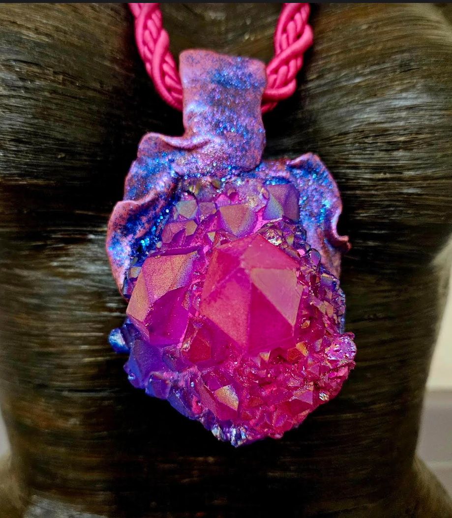 Pink Purple Blue Record Keeper Quartz Sculpted Pendant With Silk Cord, Rough Gemmy Crystal Gemstone Talisman for Women, Feminine Boho Couture Amulet