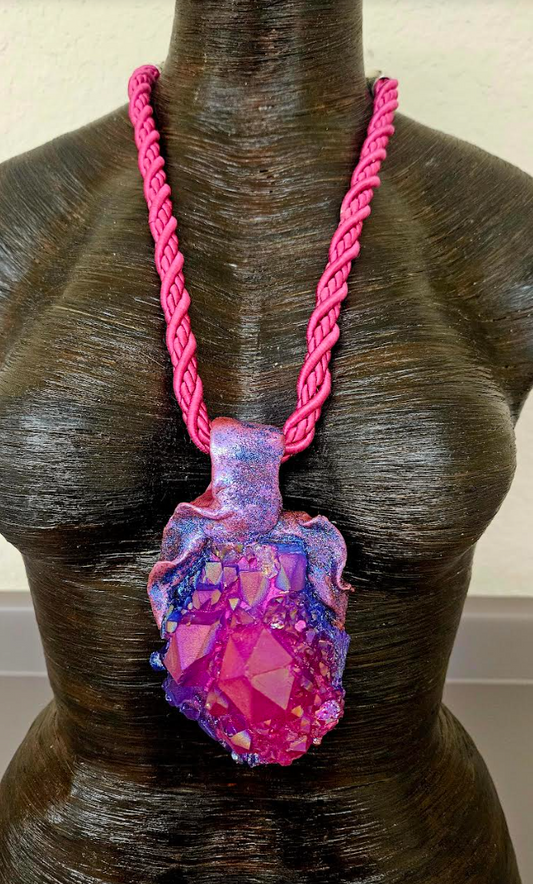 Pink Purple Blue Record Keeper Quartz Sculpted Pendant With Silk Cord, Rough Gemmy Crystal Gemstone Talisman for Women, Feminine Boho Couture Amulet