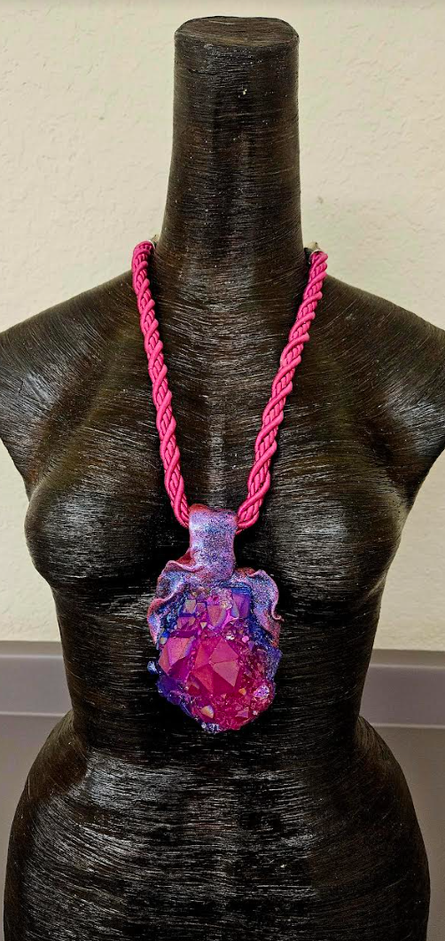 Pink Purple Blue Record Keeper Quartz Sculpted Pendant With Silk Cord, Rough Gemmy Crystal Gemstone Talisman for Women, Feminine Boho Couture Amulet