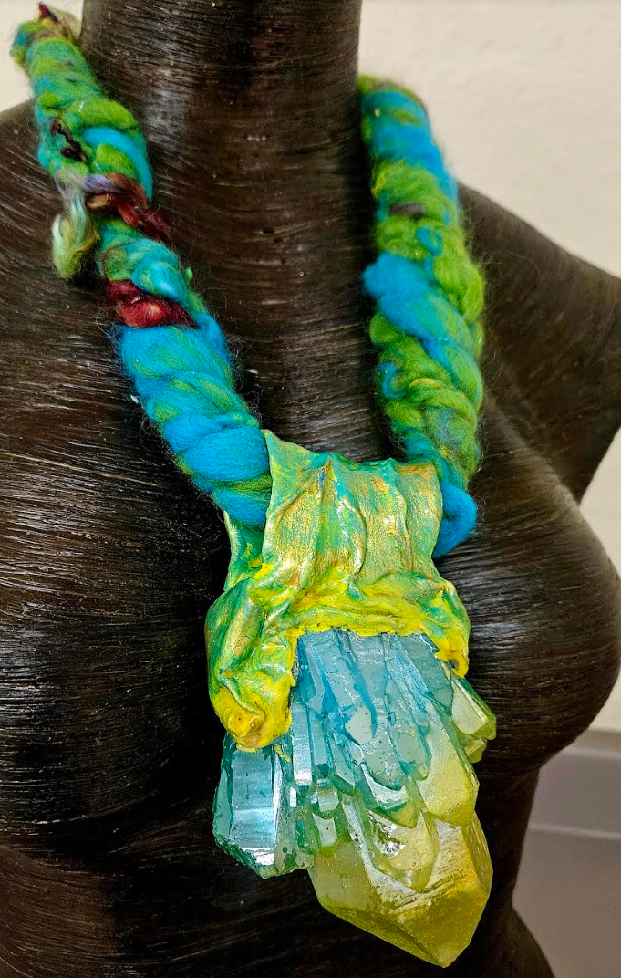 Green Yellow & Blue Rough Aura Quartz Sculpted Pendant With Art Yarn, Gemmy Record Keeper Crystal Artisan Talisman, OOAK Wearable Art from Kat Kouture