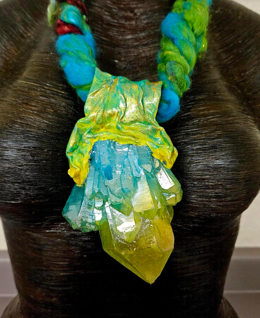 Green Yellow & Blue Rough Aura Quartz Sculpted Pendant With Art Yarn, Gemmy Record Keeper Crystal Artisan Talisman, OOAK Wearable Art from Kat Kouture