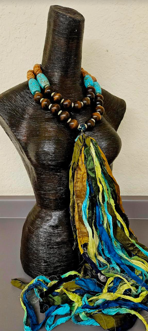 Wood & Blue Magnesite Beaded Distressed Sari Silk Statement Necklace, Oversized Beaded and Ribbon Chest Piece, Beaded Scarf Accessory